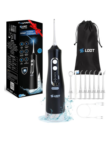 Hilo Dental Eléctrico Loot Negro 310ML 4 Modos 8 Puntas