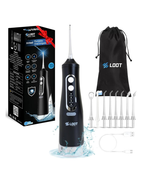 Hilo Dental Eléctrico Loot Negro 310ML 4 Modos 8 Puntas