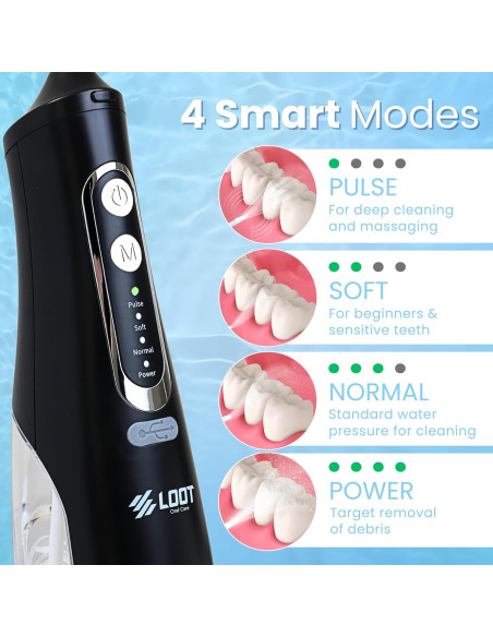 Hilo Dental Eléctrico Loot Negro 310ML 4 Modos 8 Puntas