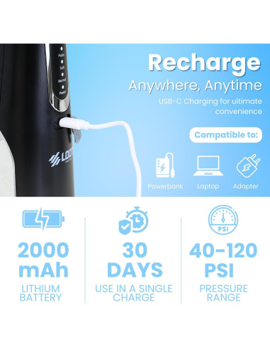 Hilo Dental Eléctrico Loot Negro 310ML 4 Modos 8 Puntas