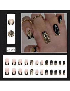 Uñas Postizas Cortas Cuadradas Negras Doradas Nail Gle - 24 Piezas 2
