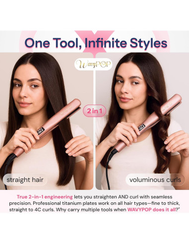 Plancha de Pelo Profesional Wavypop 2 en 1 Titanio 3.18 cm