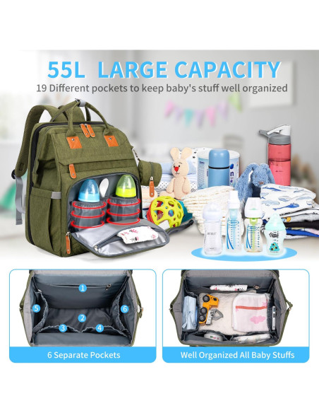 Mochila para Pañales KABAQOO Verde Militar 35L Multifuncional