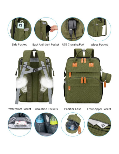 Mochila para Pañales KABAQOO Verde Militar 35L Multifuncional