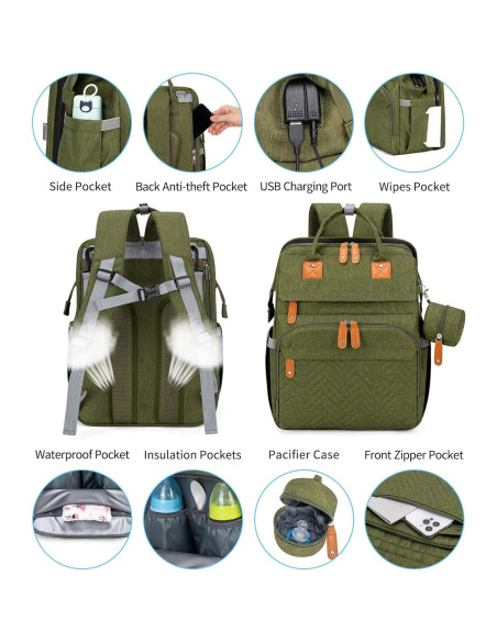 Mochila para Pañales KABAQOO Verde Militar 35L Multifuncional