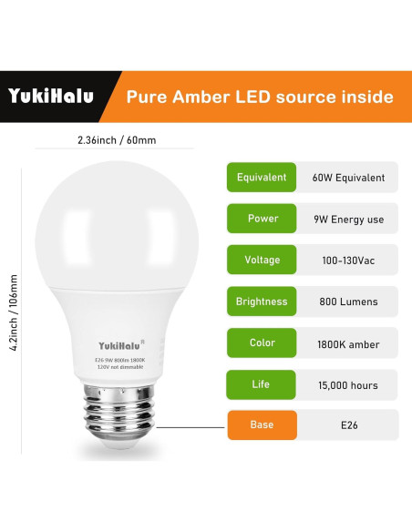 Bombillas LED Ámbar YukiHalu A19 1800K E26 800Lm Paquete 2