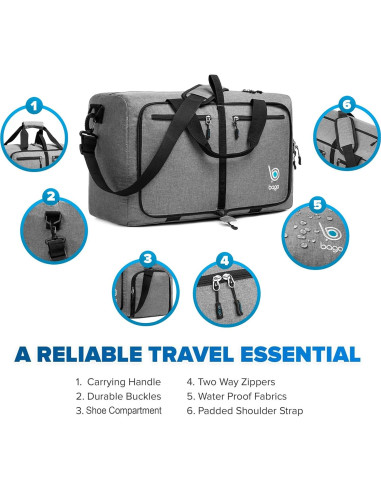 Bolsa de Viaje Plegable Bago 40L Gris Nieve - Impermeable y Ligera