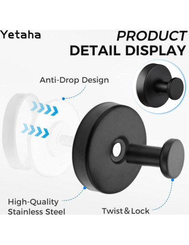 Ganchos de Ventosa Yetaha 2 Pcs Acero Inoxidable Negro