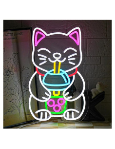 Cartel de Neón LED Gato Bebiendo Té de Boba 42 cm - Gyaksjm