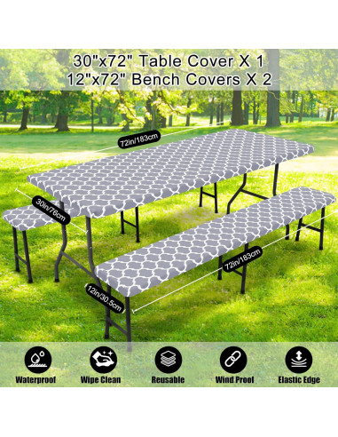 Cubierta de Mesa de Picnic Smiry 3 Piezas Impermeable Gris 183x76 cm