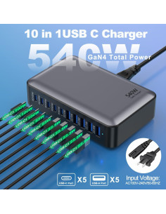 Cargador Rápido USB-C 540W GaN 10 Puertos para Laptop 2