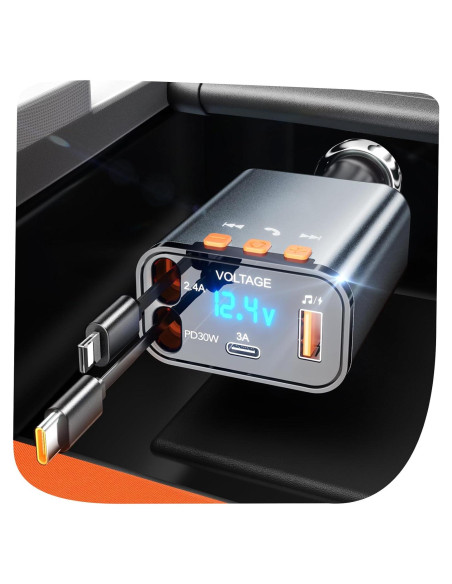 Adaptador de Coche Bluetooth 5.3 Retráctil 5 en 1 con Cargador USB PD