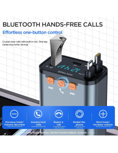 Adaptador de Coche Bluetooth 5.3 Retráctil 5 en 1 con Cargador USB PD 2