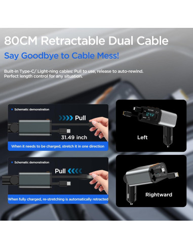 Adaptador de Coche Bluetooth 5.3 Retráctil 5 en 1 con Cargador USB PD