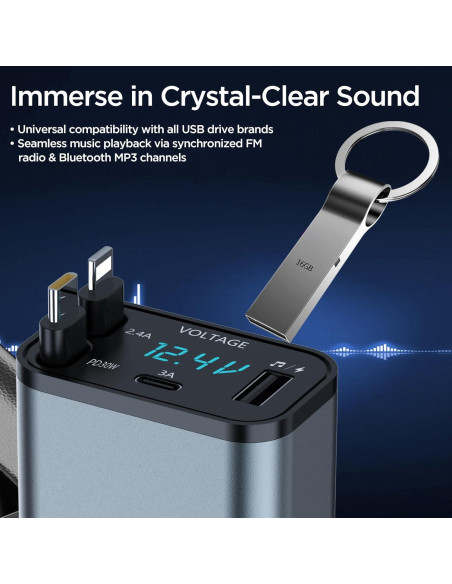 Adaptador de Coche Bluetooth 5.3 Retráctil 5 en 1 con Cargador USB PD