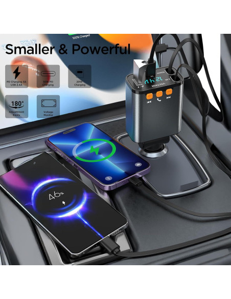 Adaptador de Coche Bluetooth 5.3 Retráctil 5 en 1 con Cargador USB PD