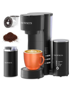 Cafetera 4 en 1 NEWSETS con Molinillo y Espumador, Negro