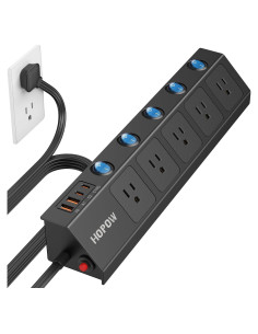 Regleta de Enchufes Plana HOPOW 3m 5 Salidas 4 USB Carga Rápida