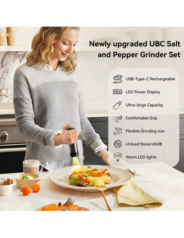 Juego de Molinillos Eléctricos de Sal y Pimienta TOMEEM - Recargables, 5 Niveles, Luz LED