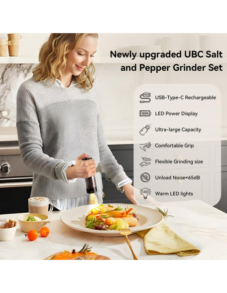 Juego de Molinillos Eléctricos de Sal y Pimienta TOMEEM - Recargables, 5 Niveles, Luz LED