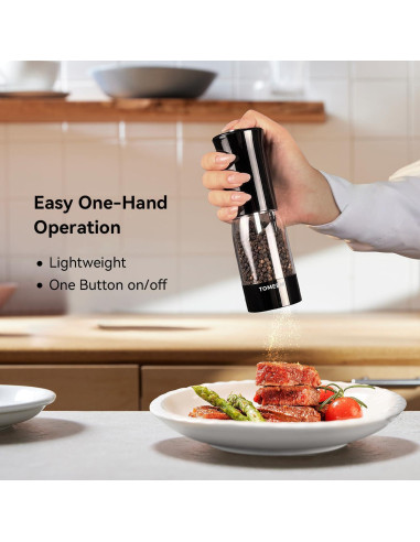 Juego de Molinillos Eléctricos de Sal y Pimienta TOMEEM - Recargables, 5 Niveles, Luz LED