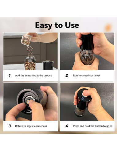 Juego de Molinillos Eléctricos de Sal y Pimienta TOMEEM - Recargables, 5 Niveles, Luz LED