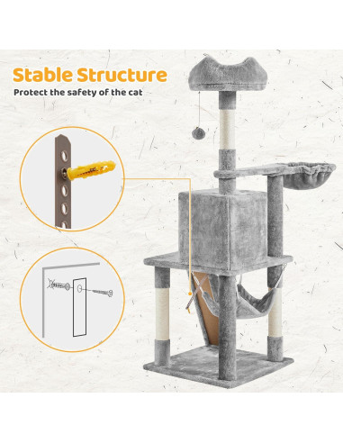 Árbol para Gatos Yaheetech 137cm Rascador con Hamaca Gris