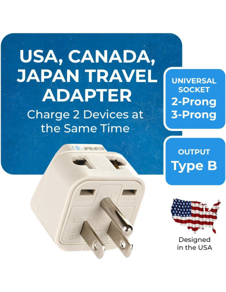 Adaptador de Enchufe de Viaje OREI Tipo B - Paquete de 2