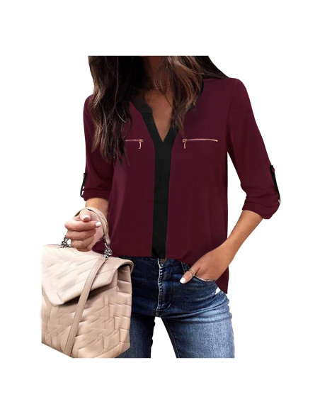 Blusa de Chifón para Mujeres Gaharu Cuello en V Manga 3/4