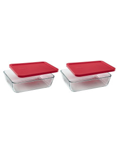 Juego de 2 Platos de Vidrio Pyrex 6 Tazas con Tapas Rojas