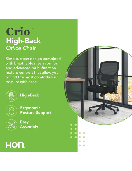 Silla de Oficina Ergonómica HON Crio Respaldo Alto Negra