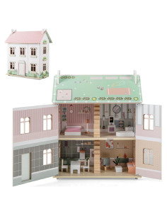 Casa de Muñecas de Madera Costzon 3 Niveles con Muebles 56x36x66cm