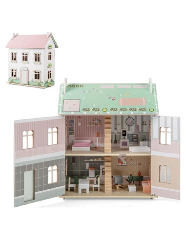 Casa de Muñecas de Madera Costzon 3 Niveles con Muebles 56x36x66cm