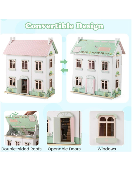 Casa de Muñecas de Madera Costzon 3 Niveles con Muebles 56x36x66cm