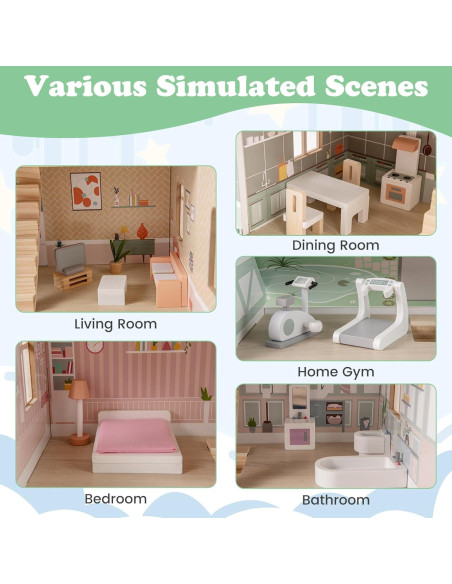 Casa de Muñecas de Madera Costzon 3 Niveles con Muebles 56x36x66cm