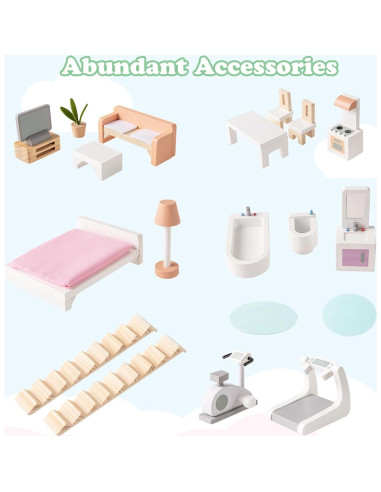 Casa de Muñecas de Madera Costzon 3 Niveles con Muebles 56x36x66cm