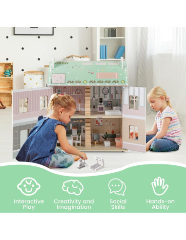 Casa de Muñecas de Madera Costzon 3 Niveles con Muebles 56x36x66cm