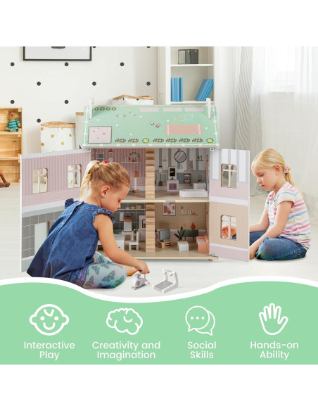 Casa de Muñecas de Madera Costzon 3 Niveles con Muebles 56x36x66cm