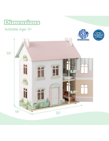 Casa de Muñecas de Madera Costzon 3 Niveles con Muebles 56x36x66cm