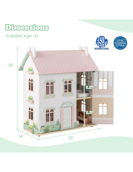 Casa de Muñecas de Madera Costzon 3 Niveles con Muebles 56x36x66cm