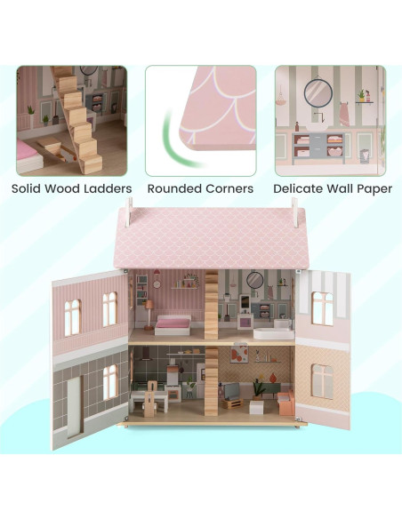 Casa de Muñecas de Madera Costzon 3 Niveles con Muebles 56x36x66cm