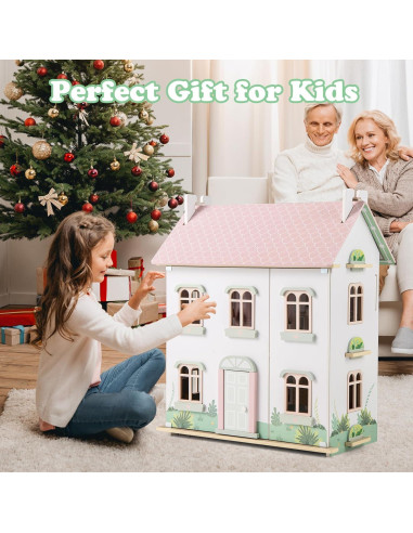 Casa de Muñecas de Madera Costzon 3 Niveles con Muebles 56x36x66cm