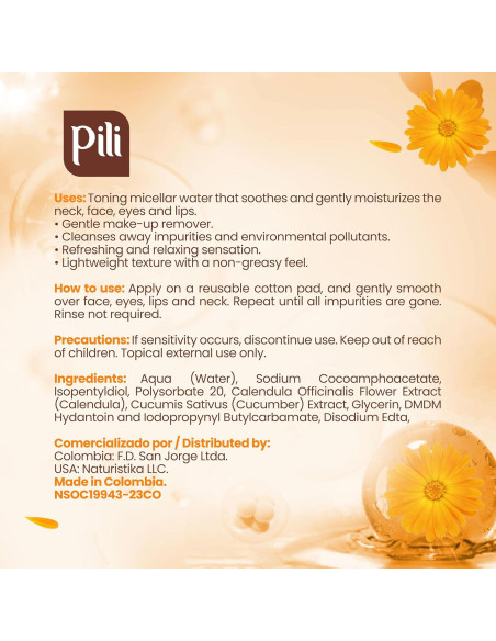 Agua Micelar Pili 218.3 ml con Caléndula y Pepino - Desmaquillante