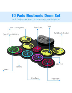 Juego de Batería Electrónica Miortior 10 Pads con Pedales y Altavoz 2