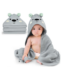 Toalla de Baño para Bebés FIOBEE 100% Muselina Oso Gris 76x76cm