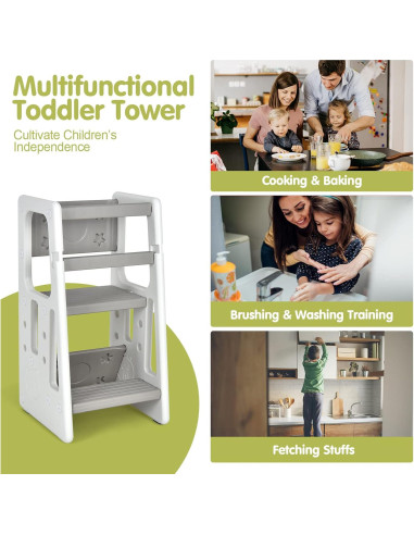 Escalera de Cocina para Niños Costzon Gris con Doble Barandilla