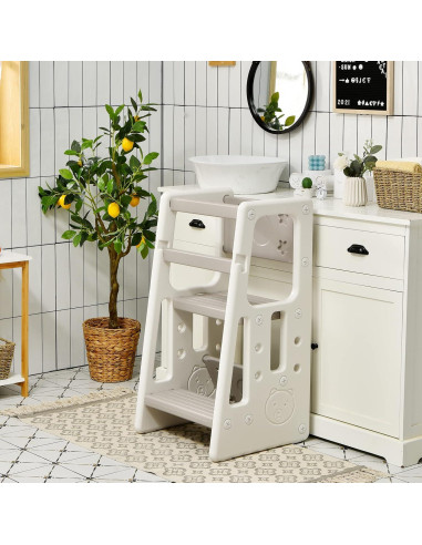 Escalera de Cocina para Niños Costzon Gris con Doble Barandilla