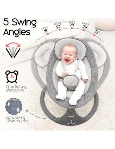 Columpio eléctrico para bebés Napei gris, 5 ángulos de oscilación