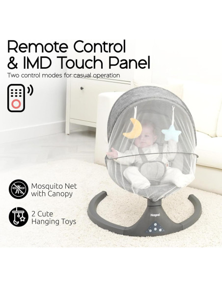 Columpio eléctrico para bebés Napei gris, 5 ángulos de oscilación