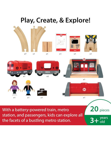 Conjunto de Ferrocarril Metro BRIO 20 Piezas con Luz y Sonido